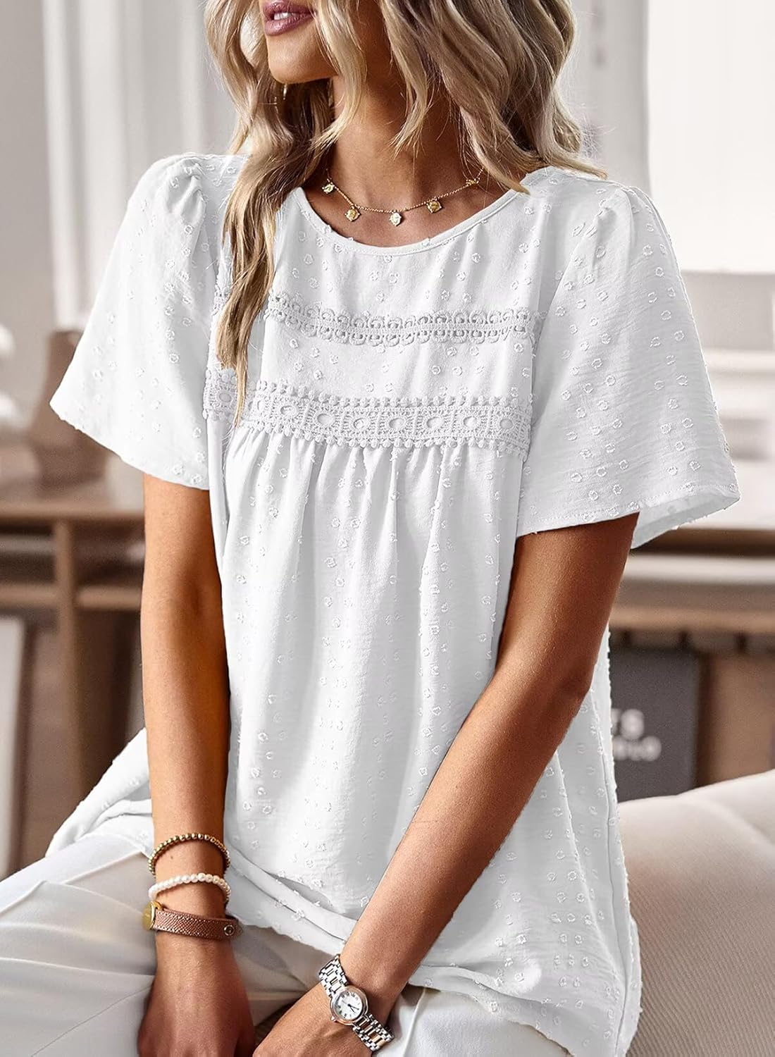 Eugenia Blouse Femme – Haut Bohème à Dentelle Crochet et Manches Courtes