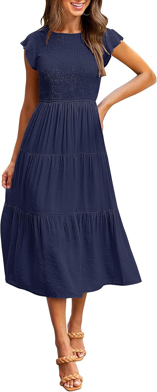 Louise Robe Midi Femme – Robe Été Smockée Manches Volantes Coupe A-Line Élégante