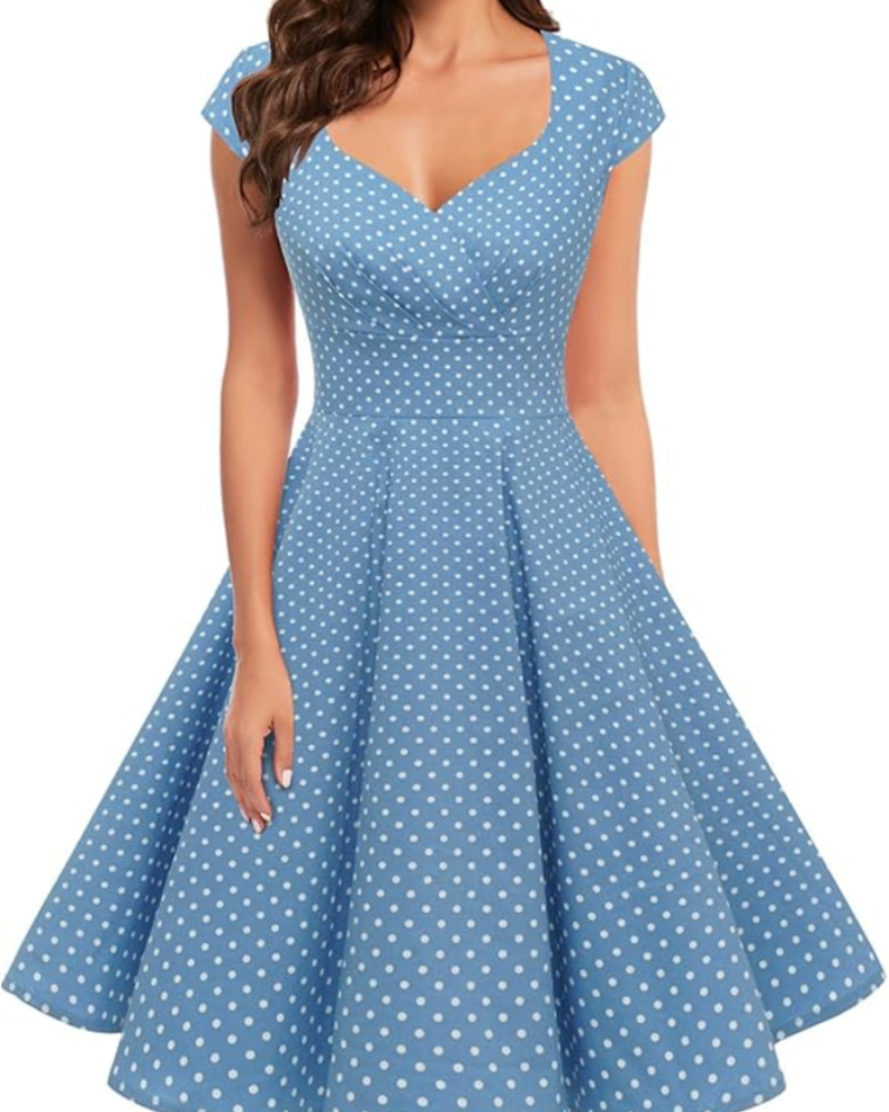 Sukienka Gwen Vintage Damska – Styl lat 50., Dekolt w Serek i Elegancka Długość do Kolan