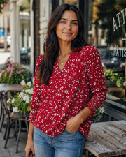 Blusa Veda Mulher – Top com Decote em V, Mangas 3/4 Bufantes e Punhos Fruncidos Chic
