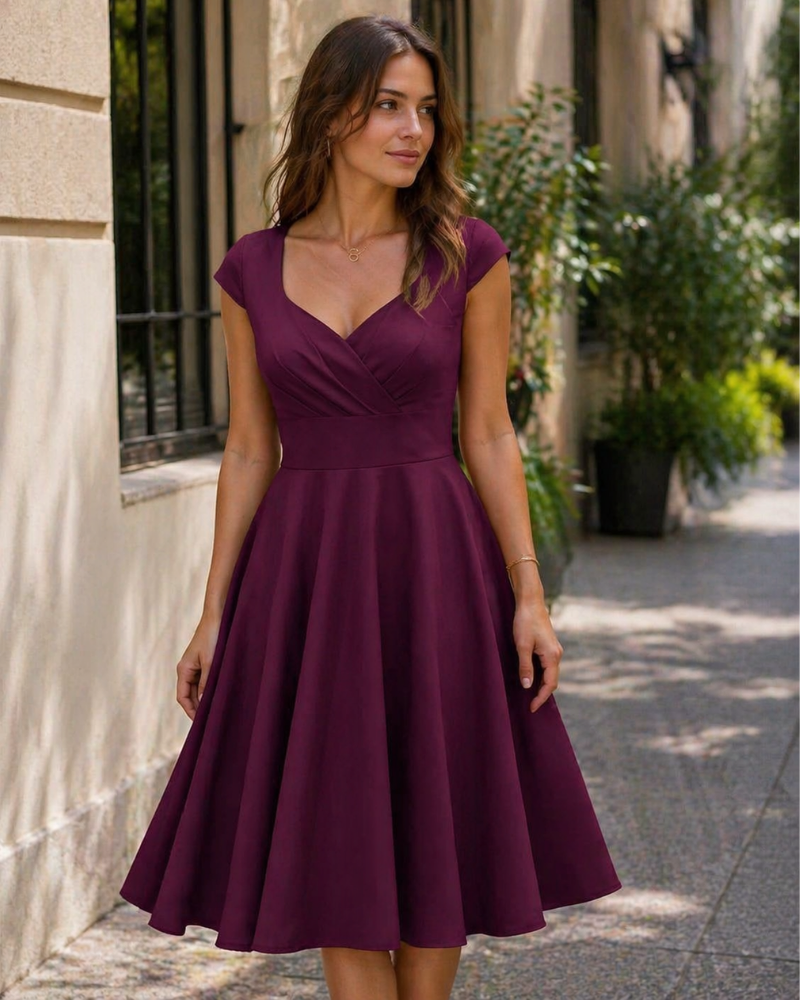 Gwen Női Vintage Ruha – 50-es Évek Stílusa, V-nyak & Térd Hosszúságú Elegáns