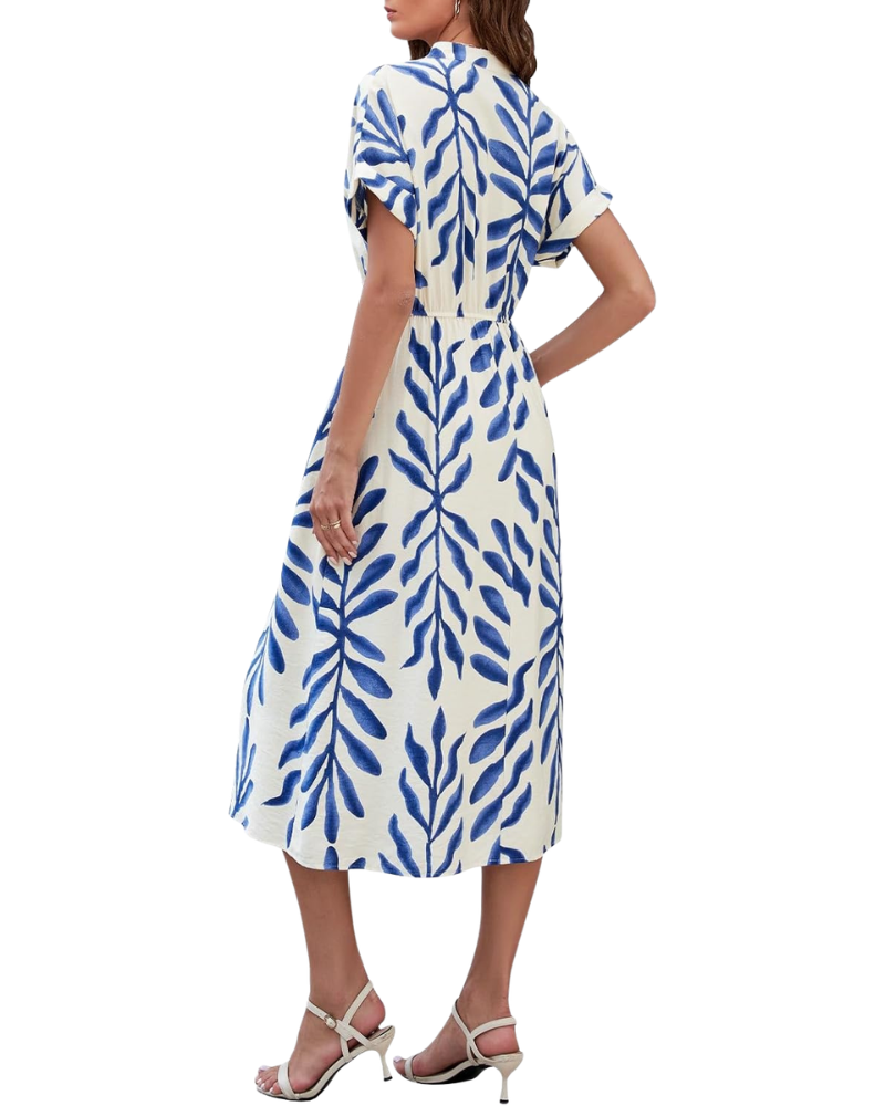 Vestido Rosita Mulher Boémio – Decote em V, Mangas Curtas, Cintura Alta, Bolsos Verão