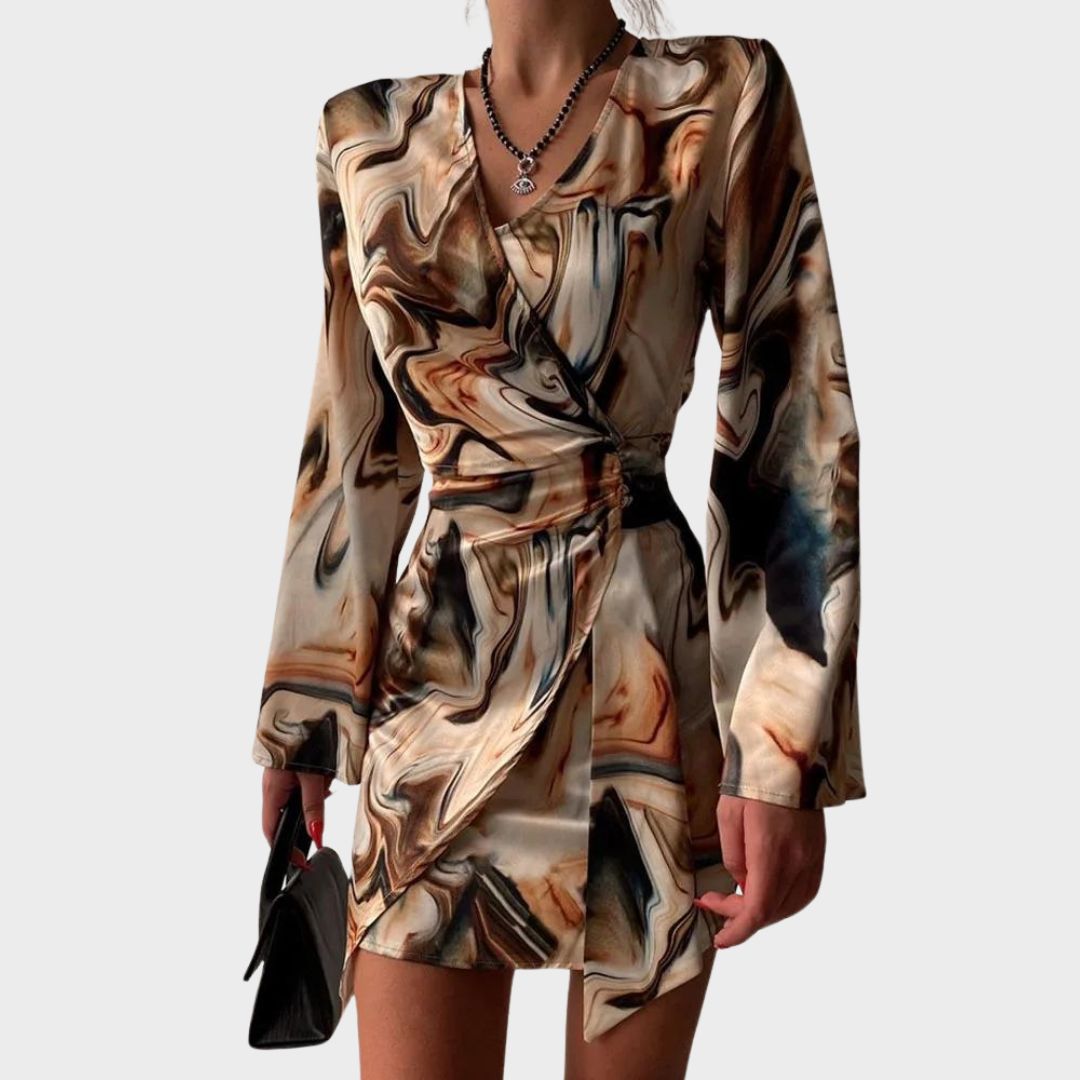 Jena Wickelkleid für Damen – Textdruck, V-Ausschnitt, elegante lange Ärmel