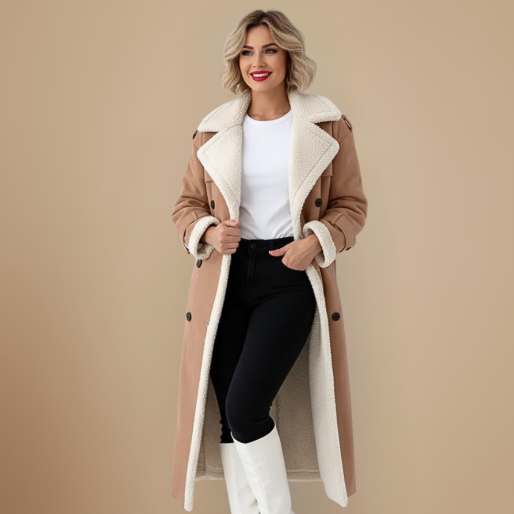 Rinna Casaco Longo Mulher – Casaco com Duplo Abotoamento Efeito Camurça com Gola Forrada & Estilo Chic