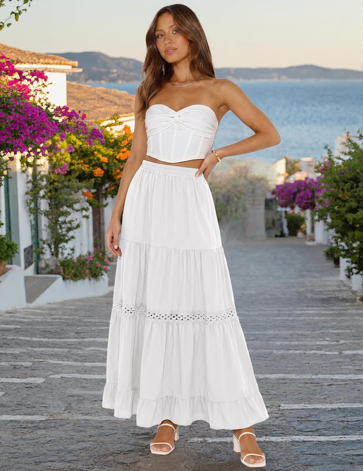 Falda Edith Jupe Maxi para Mujer – Falda Bohemia de Algodón, Encaje de Crochet y Volantes