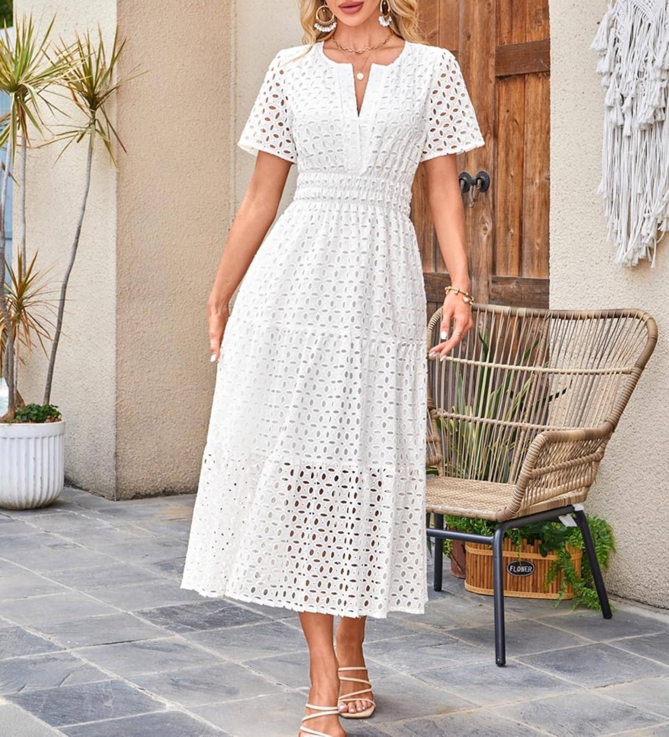 Clara Robe Femme – Robe Maxi Broderie Anglaise Col V Taille Haute Bohème Été