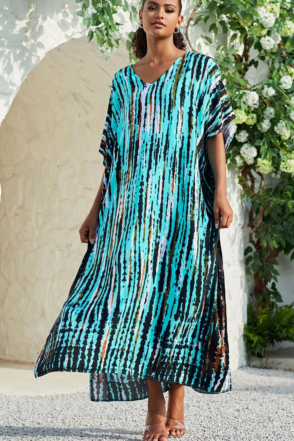 Isla Robe Femme – Caftan Maxi Bohème Col V Imprimé Fluide Plage Été