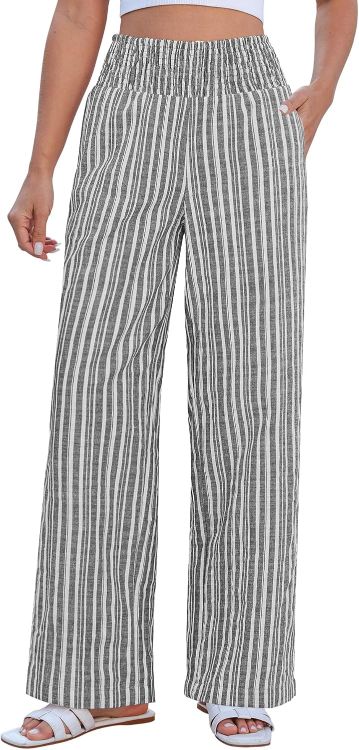 Rian Pantalon Femme Lin Rayé – Palazzo Large Taille Haute Élastique Été Chic