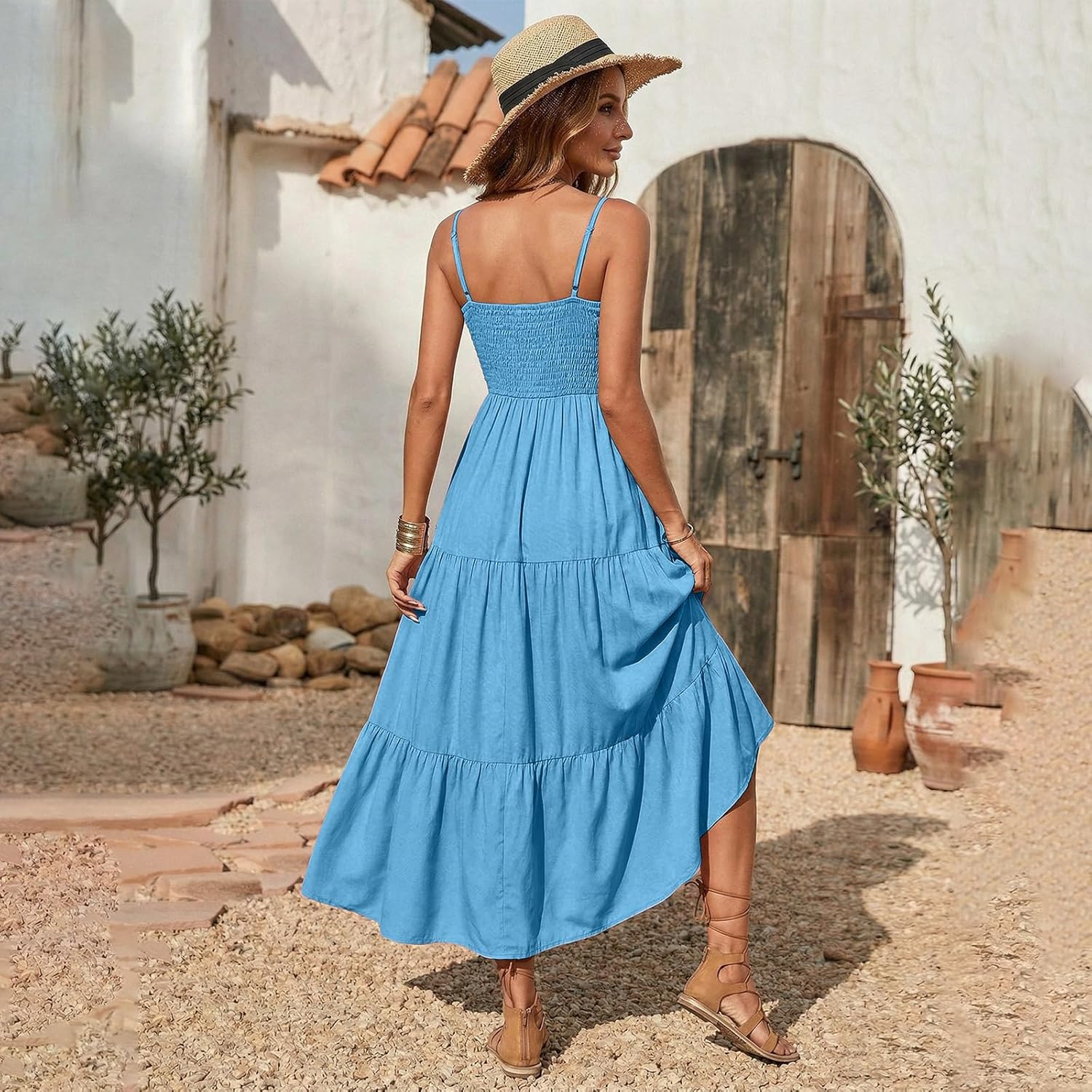 Léa Robe Femme – Robe Maxi Bohème Col Carré Smockée Volants Fluide Été