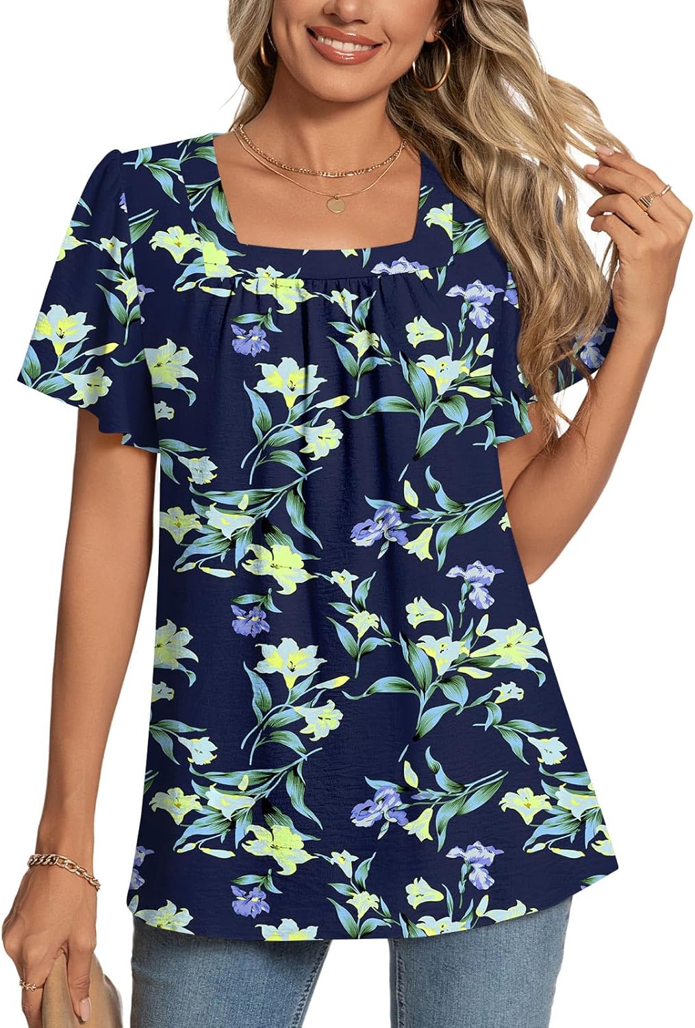 Éva Blouse Femme – Haut Élégant à Col Carré et Manches Pétales