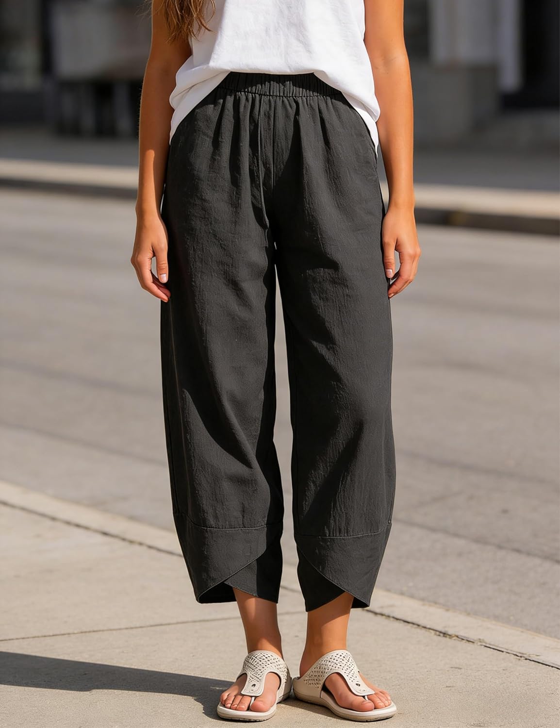 Calças Caprice Capri Mulher Algodão – Cintura Alta Elástica, Corte Tulipa Verão Chic