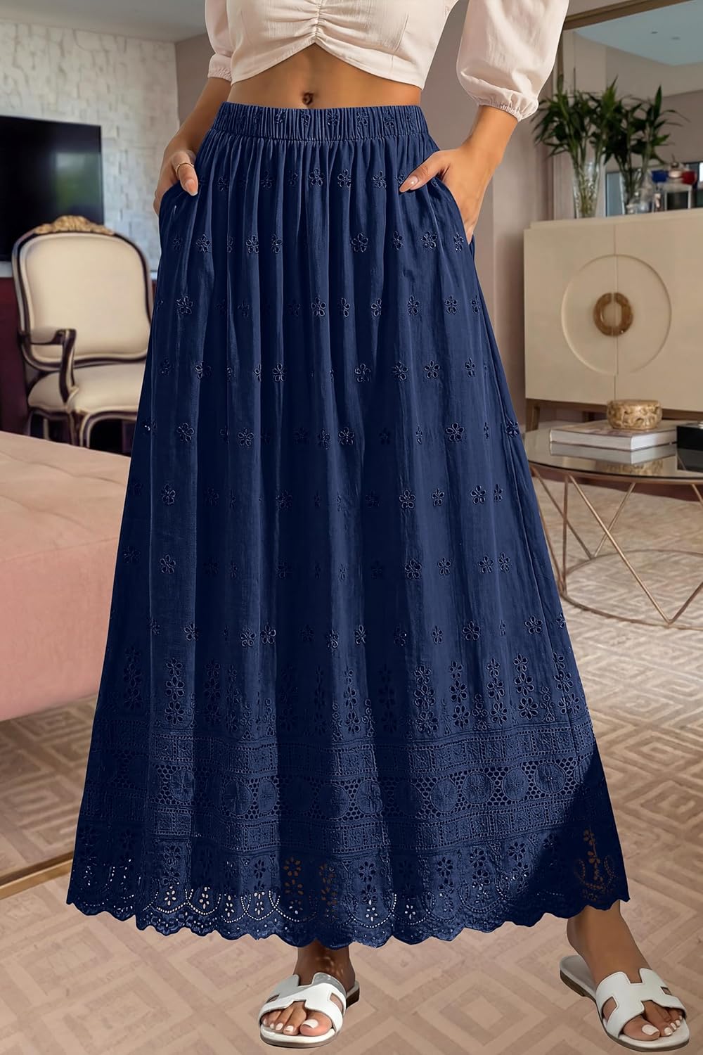 Marie Dowerme Falda Maxi Mujer – Cintura Alta Elástica, Algodón Bordado Bohemio Línea A