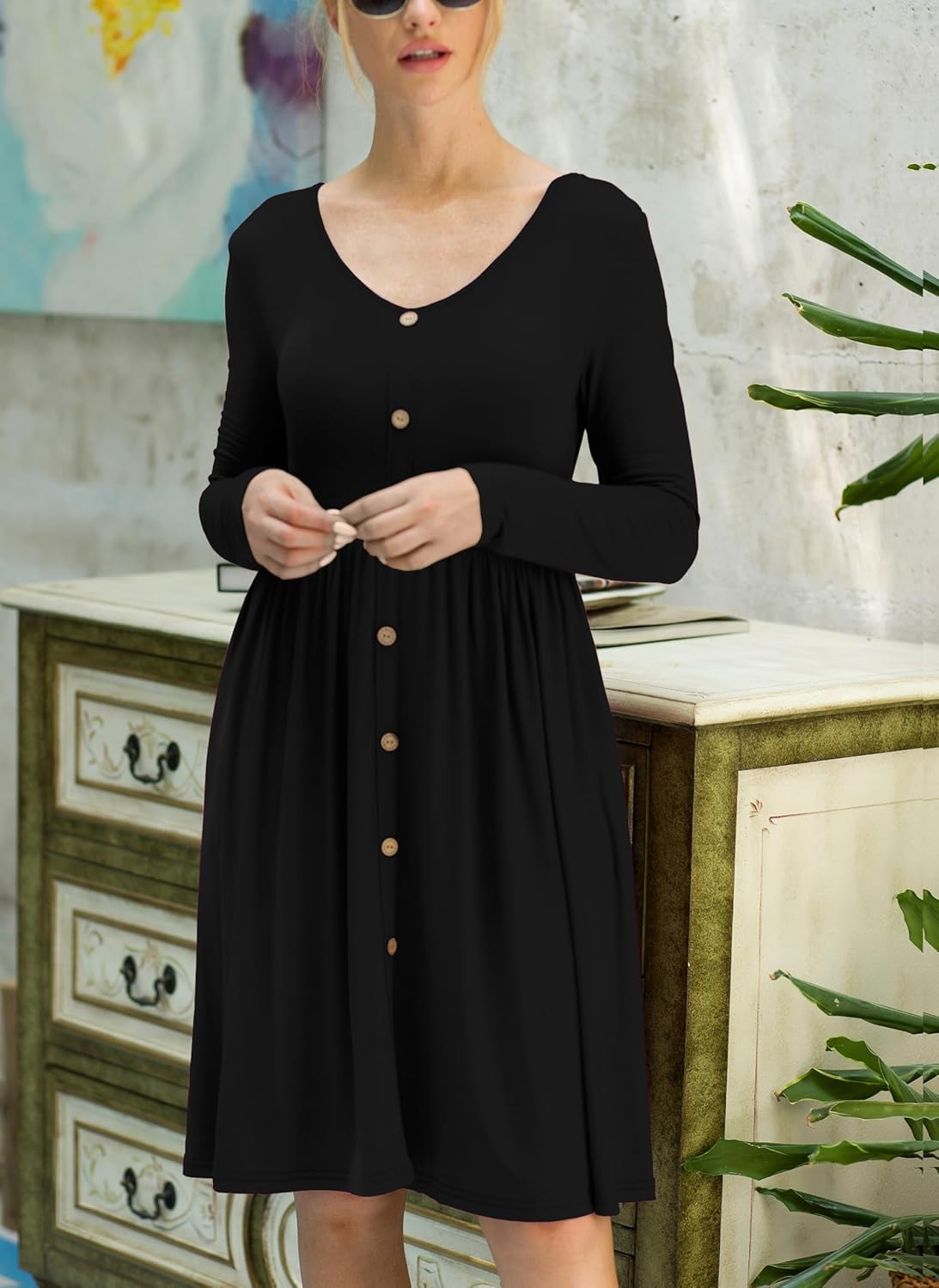 Julie Robe Midi A-Line – Robe Casual Manches Longues avec Poches Femme