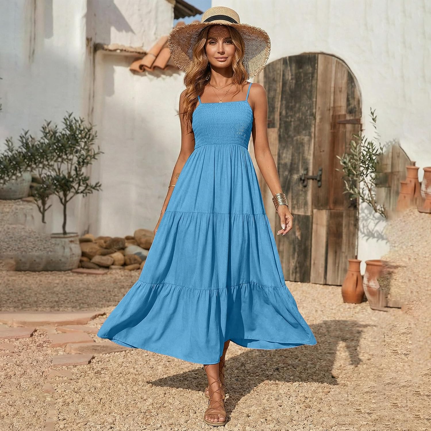 Léa Robe Femme – Robe Maxi Bohème Col Carré Smockée Volants Fluide Été