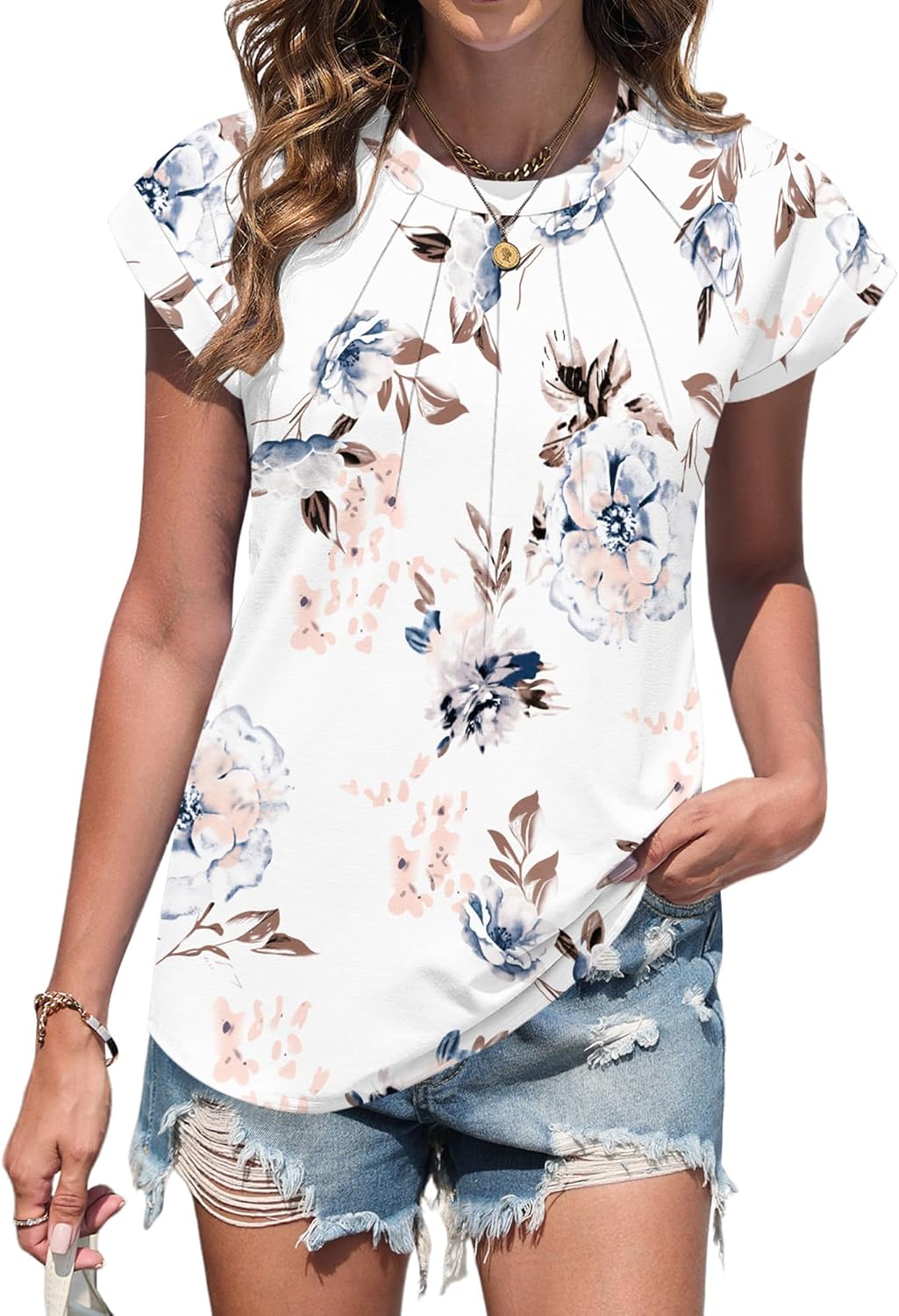 Lima Top Mulher Gola Redonda – Mangas Cap, Plissado Elegante, Corte Fluido Verão