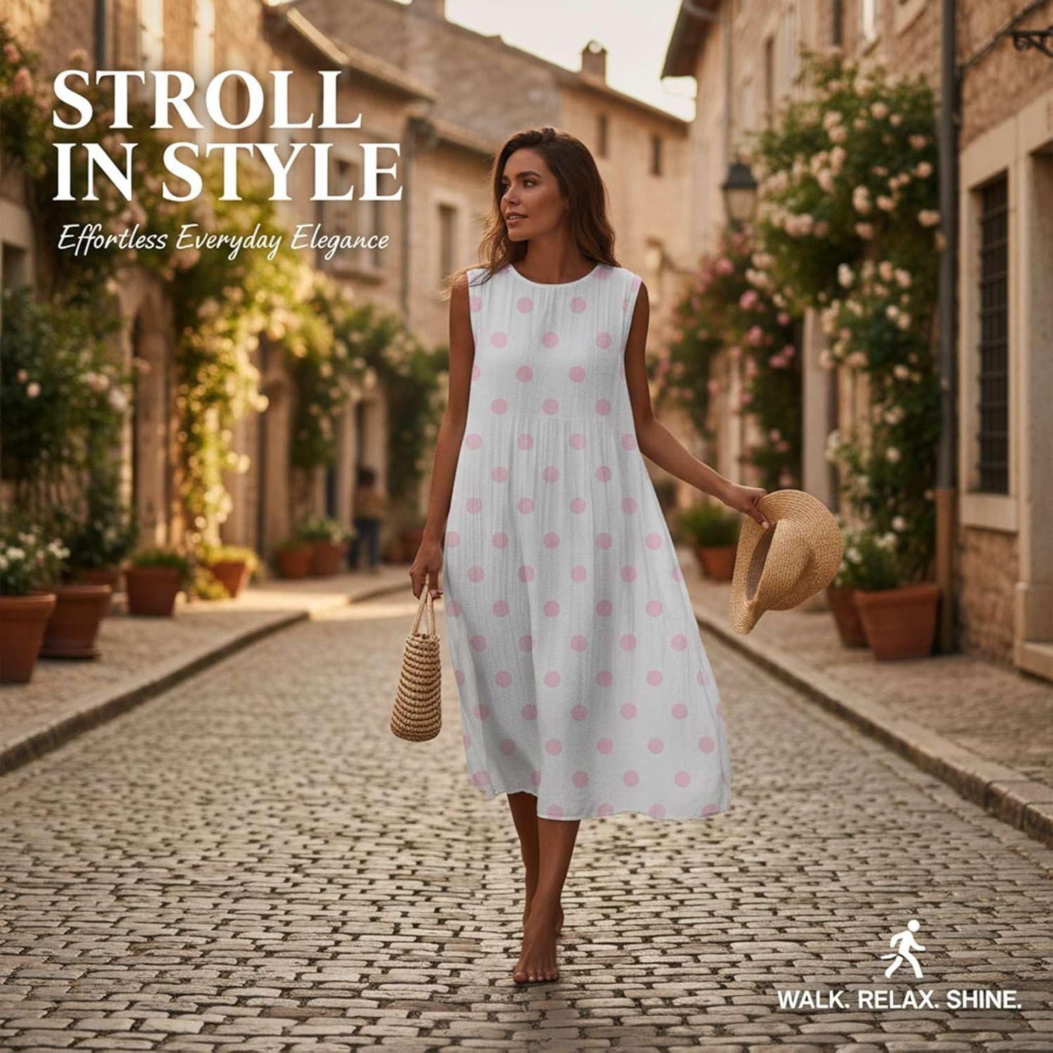 Vestido Elena Mulher – Vestido Midi de Linho Floral Gola Redonda Sem Mangas Bolsos Boémio Verão