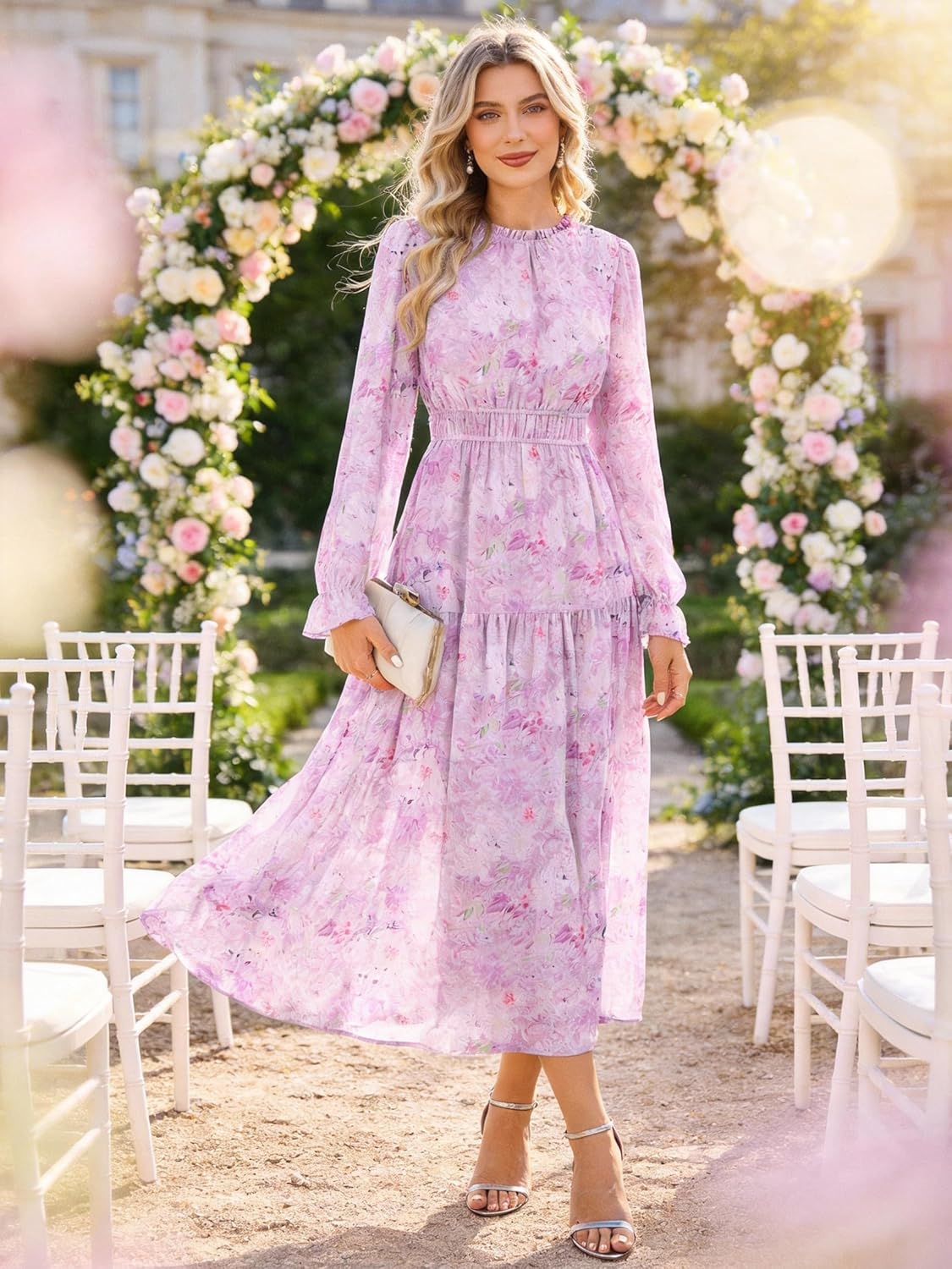 Élise Robe Maxi Fleurie – Robe Chiffon Élégante Manches Longues Femme