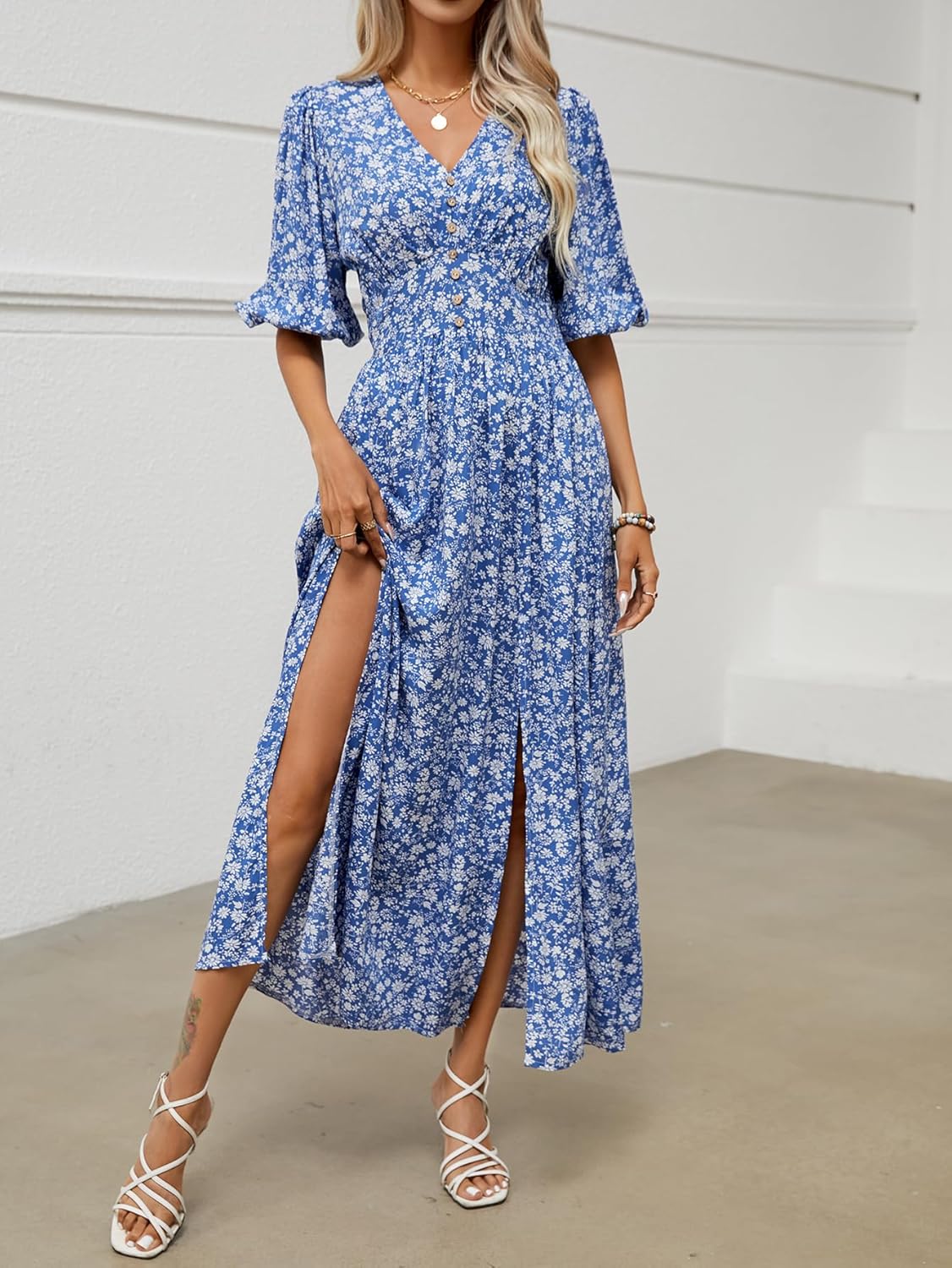 Robe Joyce Mulher Boémia Floral – Decote V Cruzado, Midi Fluido, Mangas de Verão