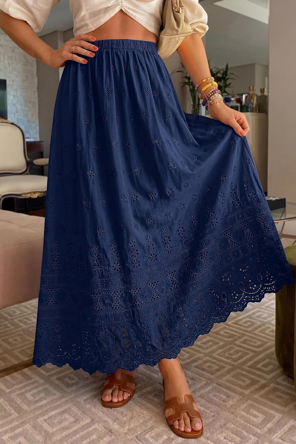 Marie Dowerme Falda Maxi Mujer – Cintura Alta Elástica, Algodón Bordado Bohemio Línea A