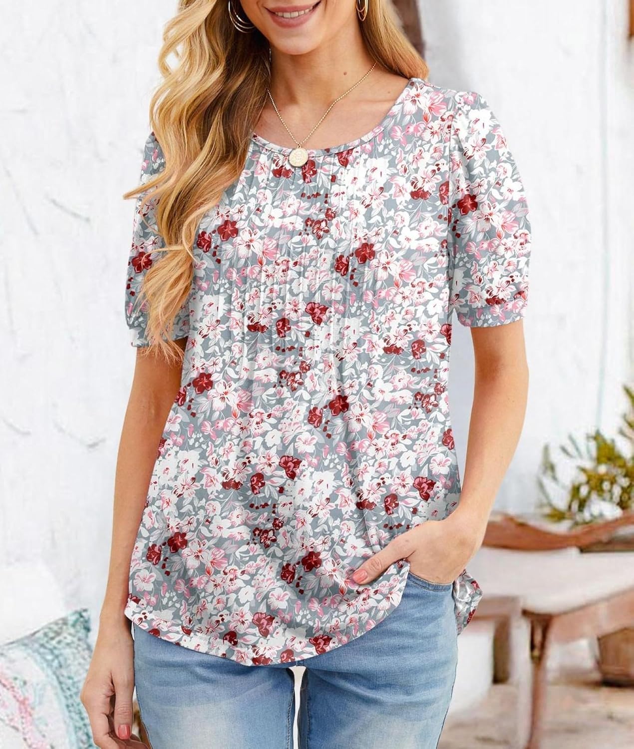Juliette Blouse Femme – Haut Fluide à Plis et Manches Courtes