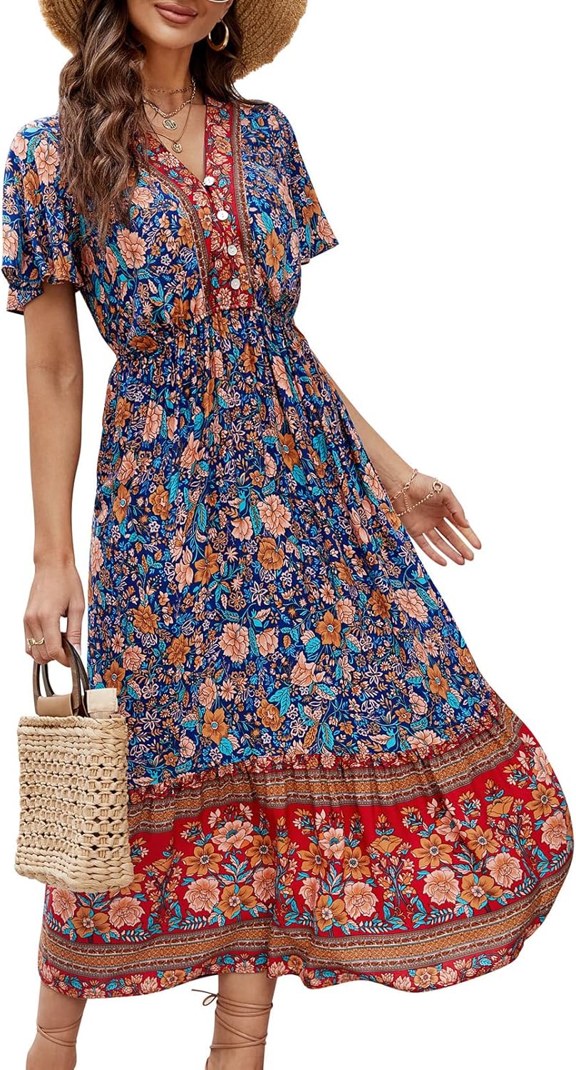 Elisa kjole til kvinder – midi kjole med blomster, V-hals, flæser, knapper, boheme sommer