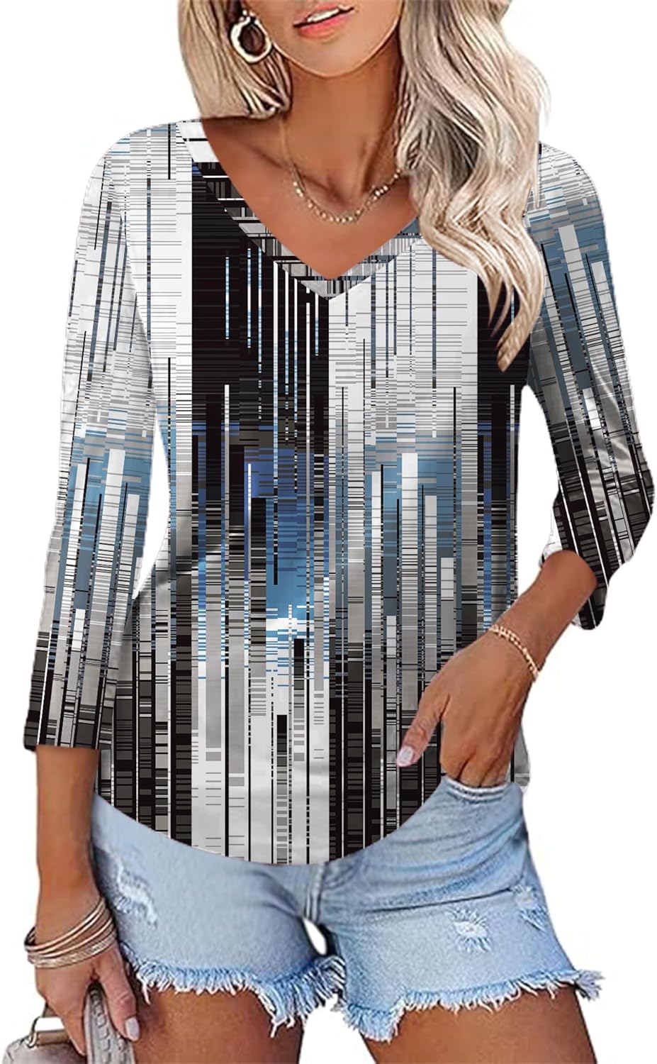 Laura Tunique Femme – Haut Col V Manches 3/4 Élégant Blouse Fluide Été