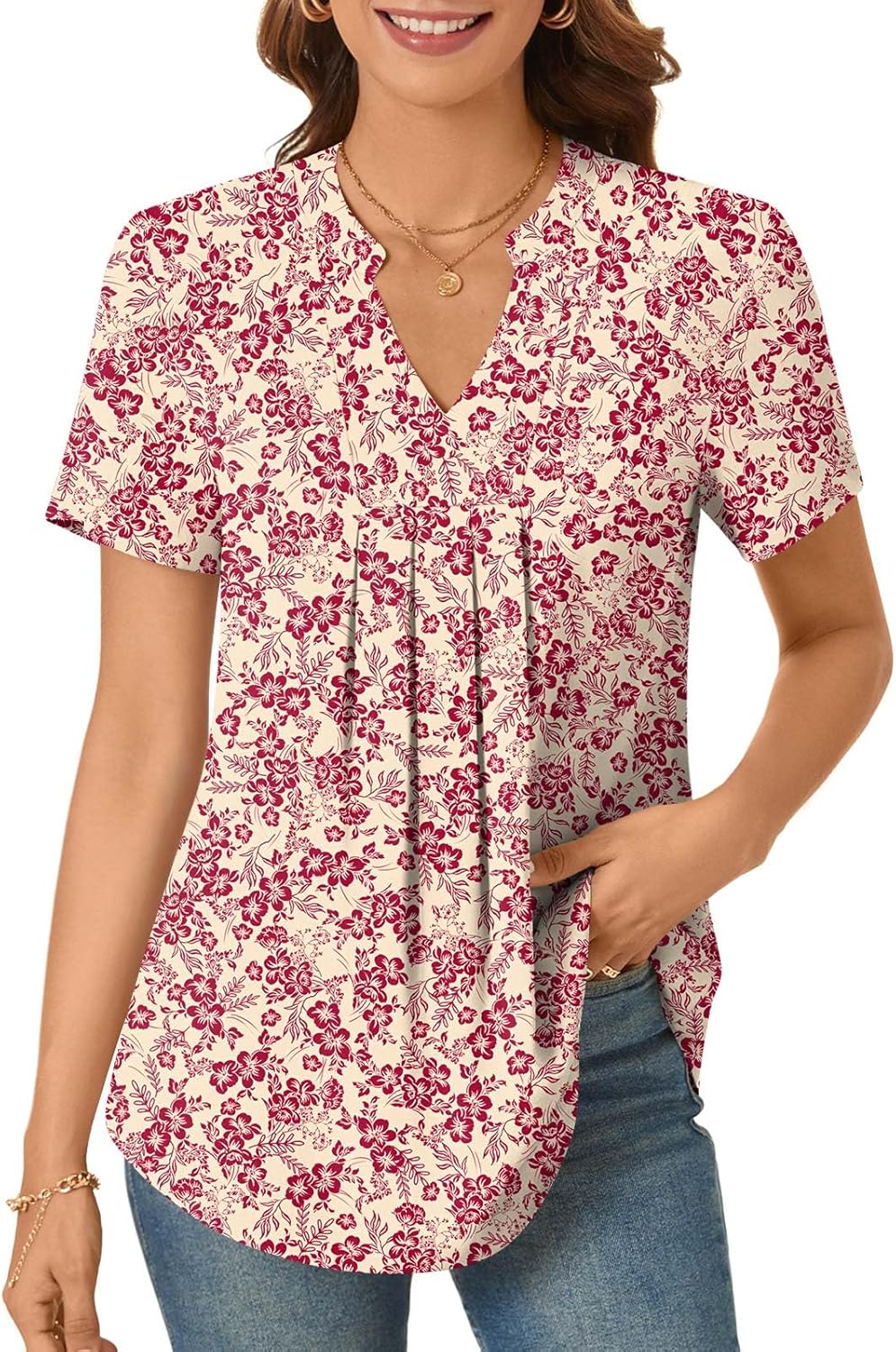 Camille Blouse Femme – Haut en Mousseline à Col V et Plis Élégants
