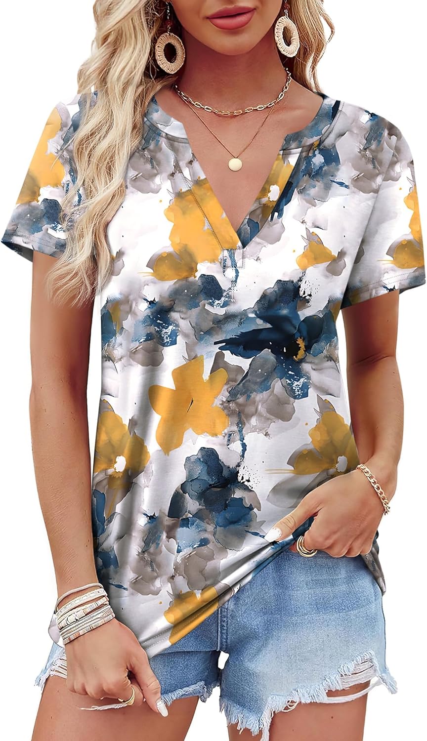 Roberta T-Shirt Femme Col V – Top Manches Courtes Coupe Fluide Léger Été Casual
