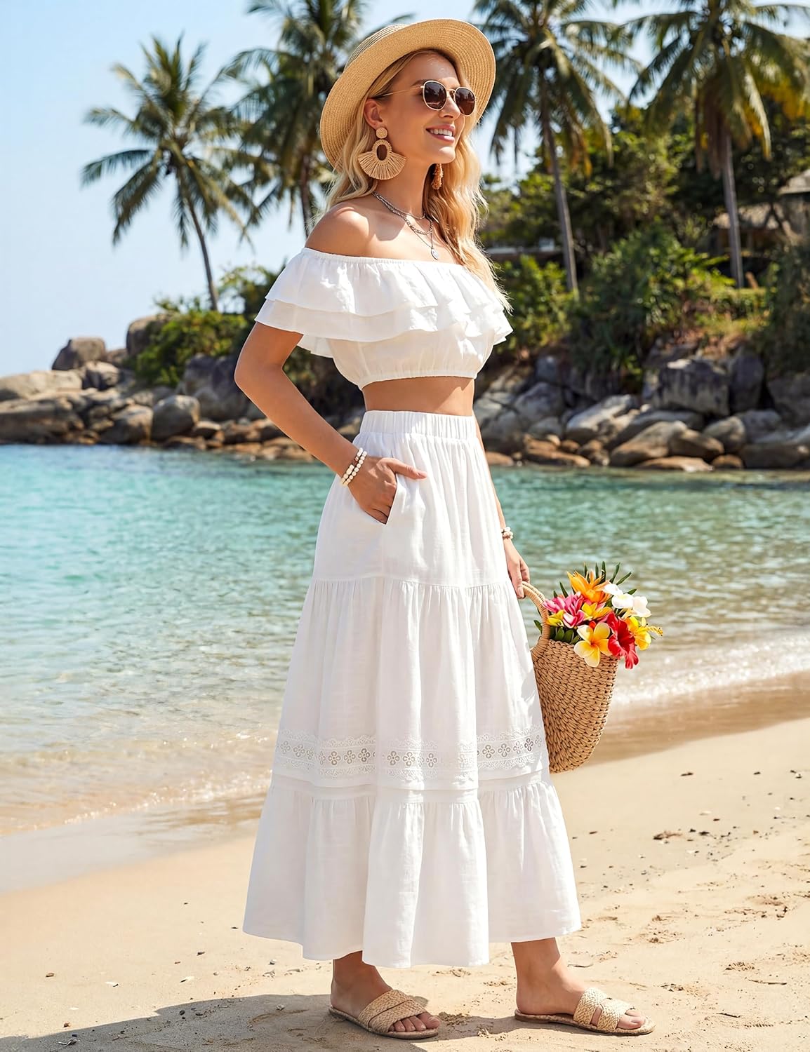Falda Jelly Jupe Maxi Mujer – Falda Bohemia de Cintura Alta, Fluida y con Encaje para Verano