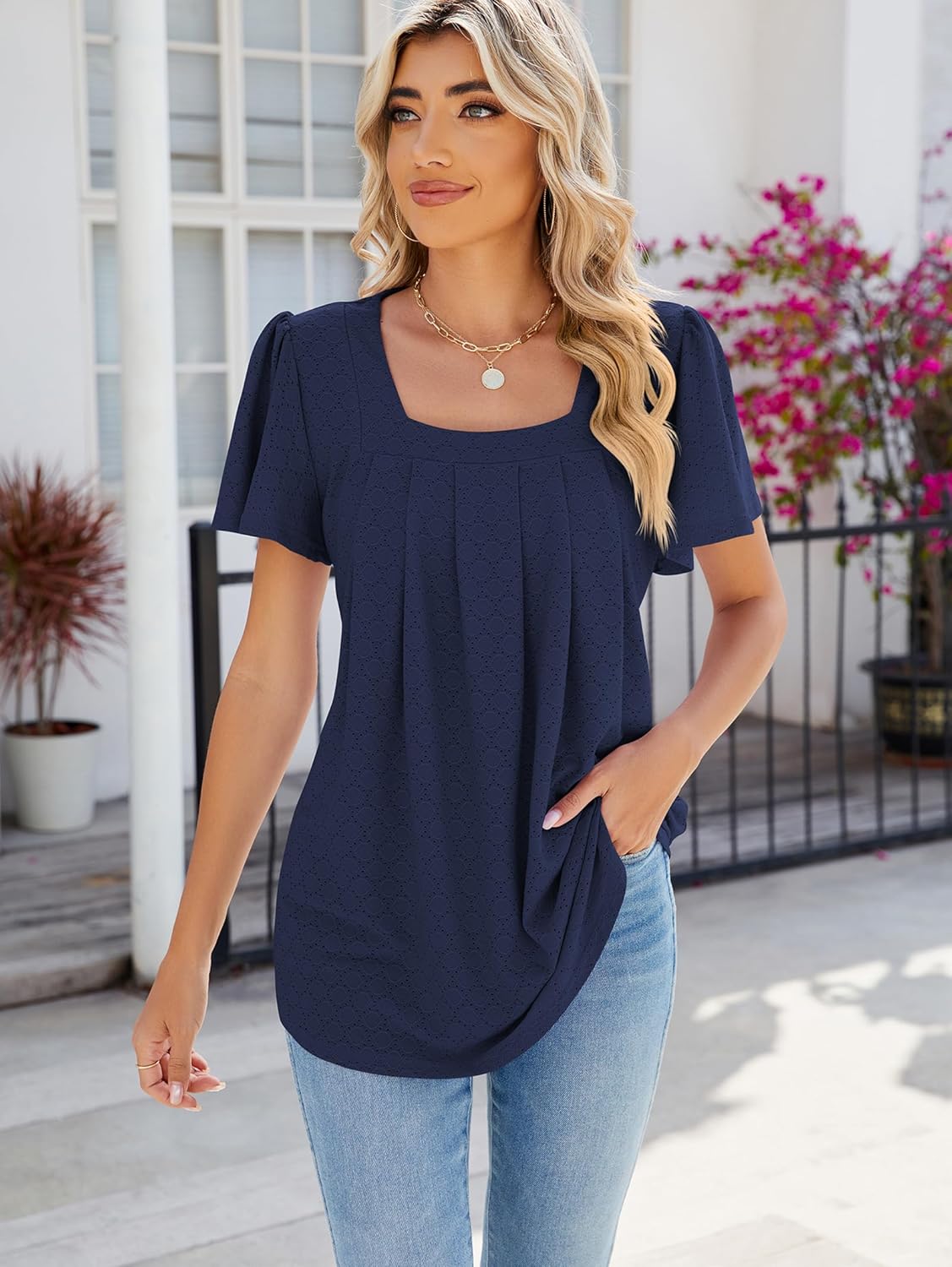 Juliette Top Femme – Blouse Col Carré Ajourée à Manches Volantées