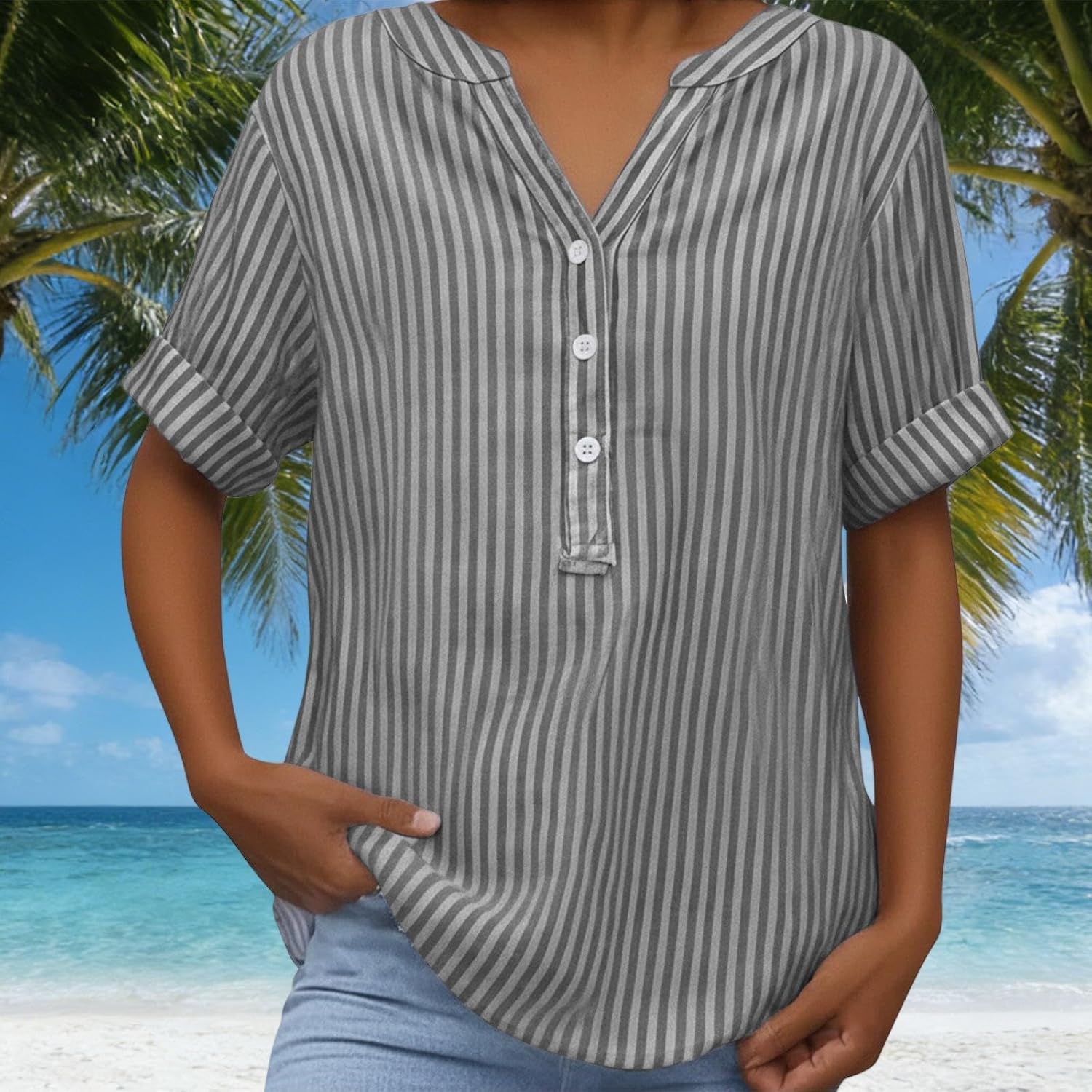 Solen Blouse Femme Rayée – Haut Col V à Boutons Style Henley