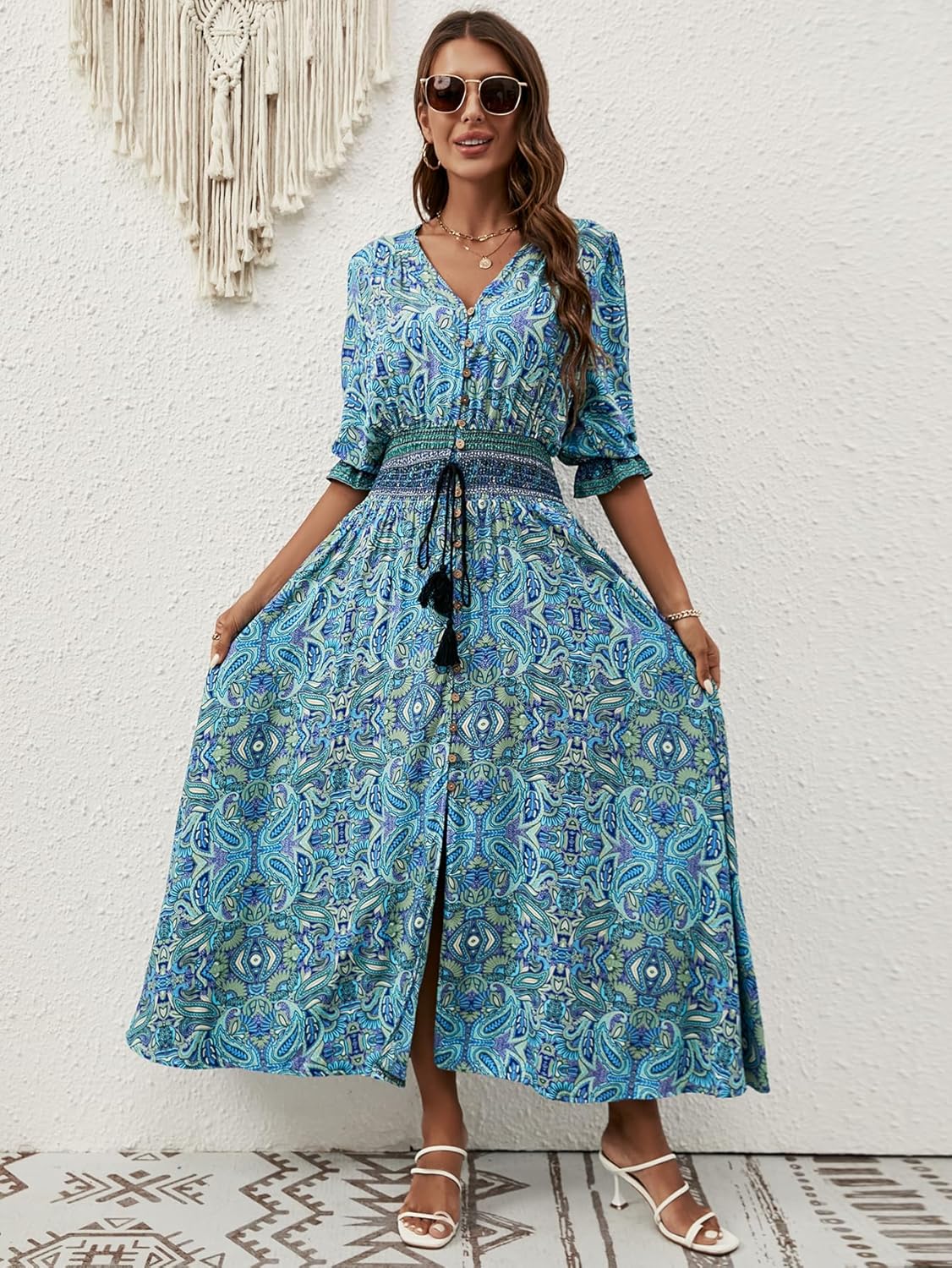 Vestido Liezl para mujer bohemio con flores – escote en V cruzado, midi fluido, mangas 3/4
