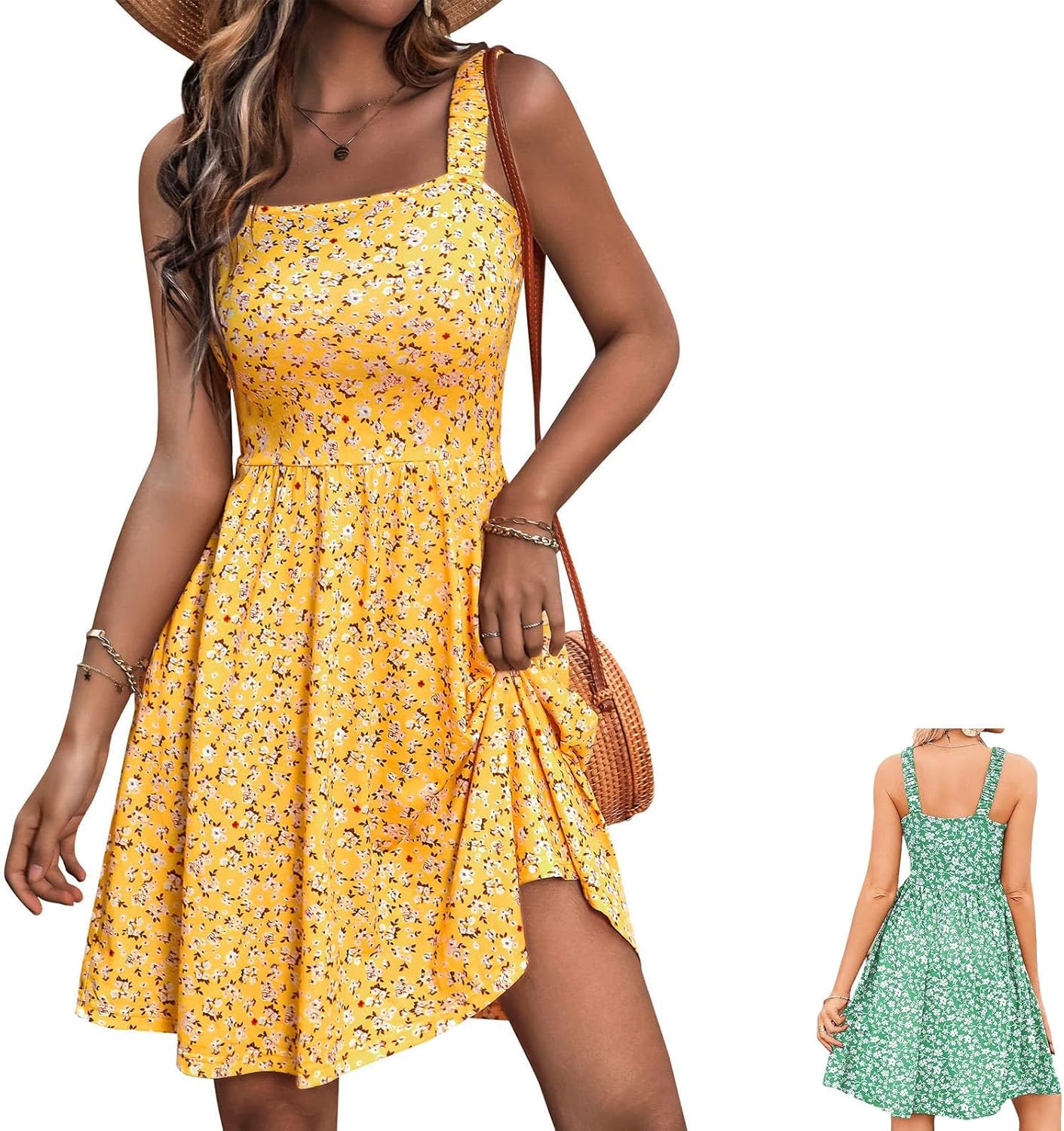 Emma Women's Dress – Floral Square Neck Sleeveless A-Line Mini Dress with Pockets Summer