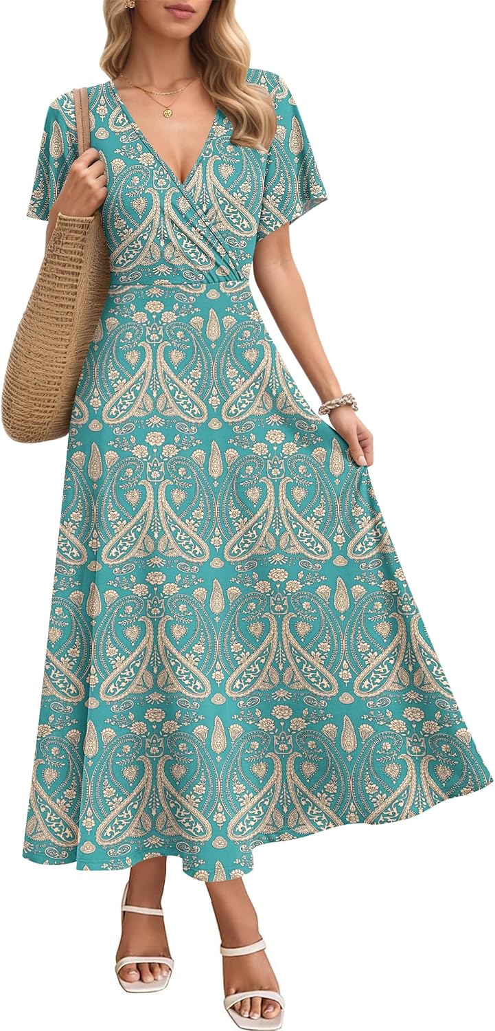 Sukienka maxi Sophie w kwiaty – letnia sukienka z dekoltem w serek, zwiewna, z kieszeniami, elegancka damska