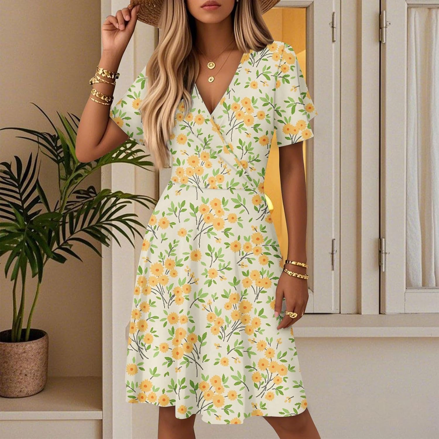 Léonie Boho šaty pro ženy – rozšířené šaty s výstřihem do V a elegantními volány