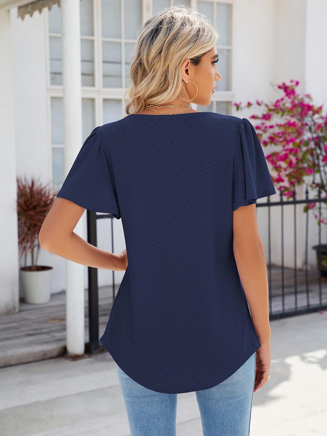 Juliette Top Femme – Blouse Col Carré Ajourée à Manches Volantées