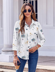 Concha Bluse til Kvinder med Blomster – Lange Ærmer, Knappet, Elegant Løs Pasform