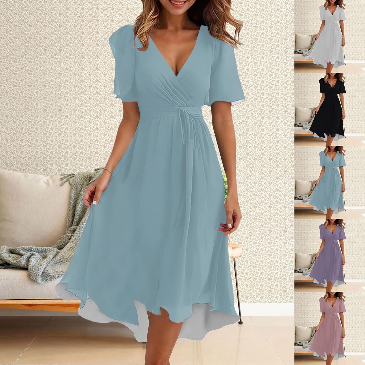 Amélie Damenkleid – Midi-Kleid aus Chiffon mit V-Ausschnitt, kurzen Ärmeln und elegantem Wickeldesign