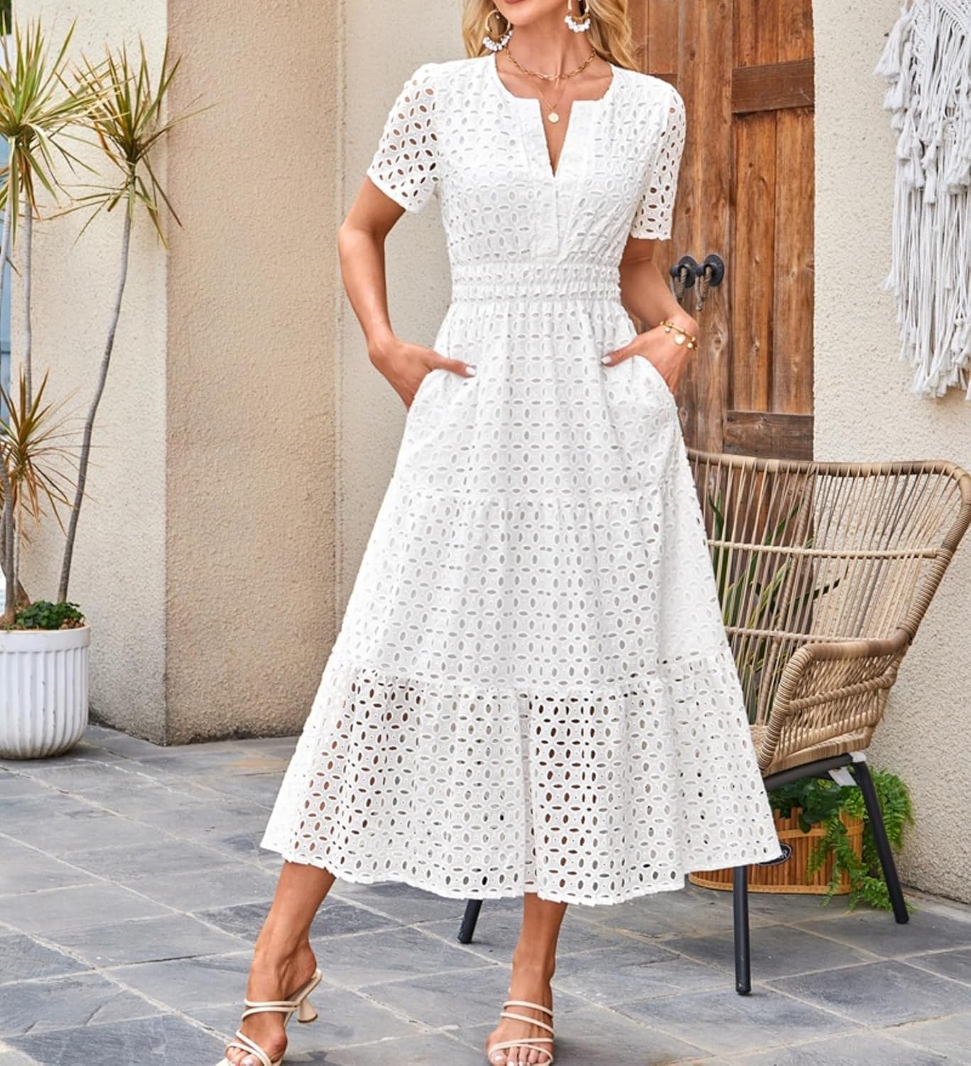 Clara Robe Femme – Robe Maxi Broderie Anglaise Col V Taille Haute Bohème Été