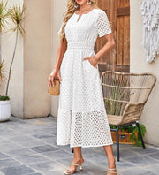 Clara Robe Femme – Robe Maxi Broderie Anglaise Col V Taille Haute Bohème Été
