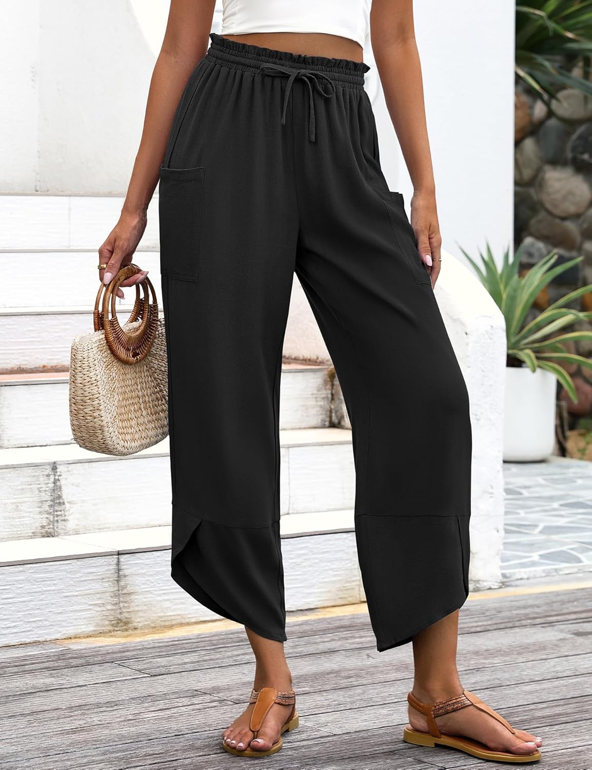 Jade spodnie damskie – capri palazzo lniane boho szerokie z elastycznym pasem i kieszeniami