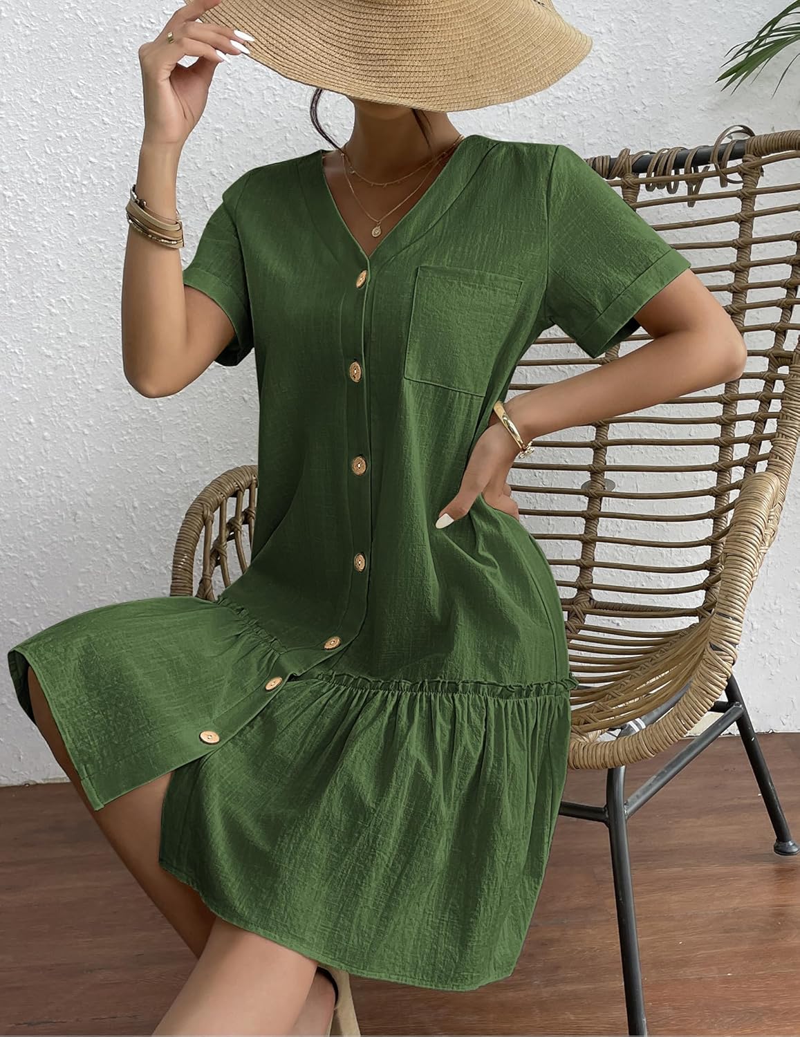 Robe Tianka Mulher – Algodão & Linho, Decote em V & Corte Largo com Botões Verão Elegante