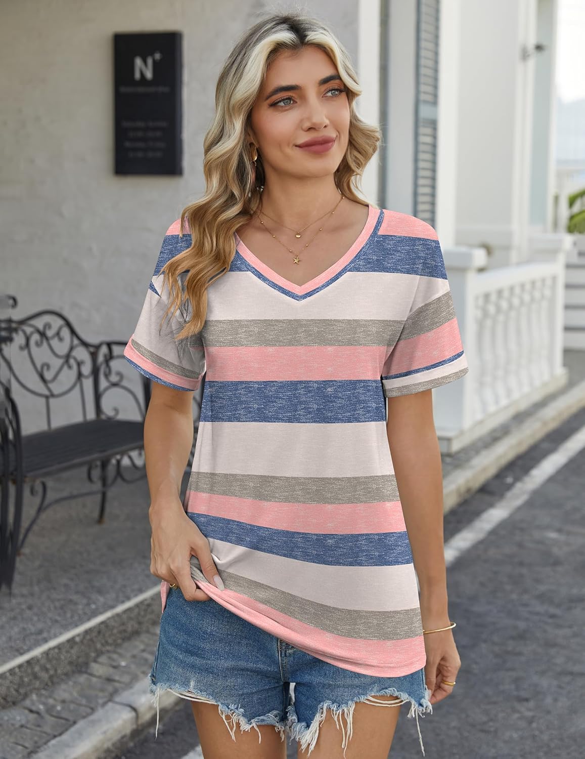 Camelia Women's V-Neck T-Shirt – Short Sleeves, Loose Fit, Lightweight Stretch Summer