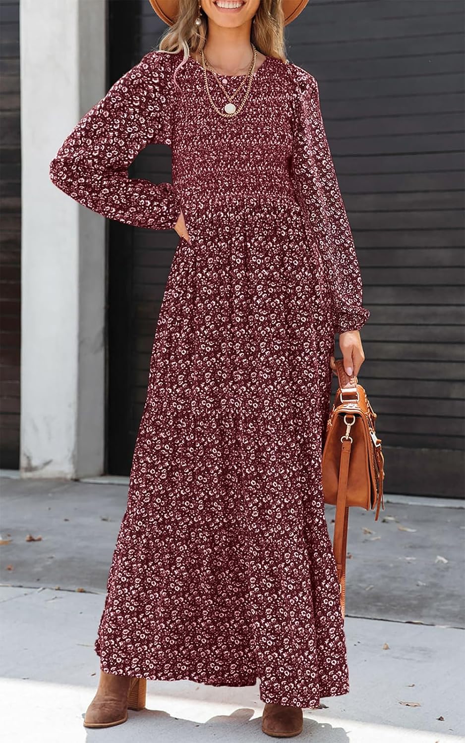 Sophie Robe Maxi Femme – Robe Fleurie Smockée Manches Longues Bohème Élégante