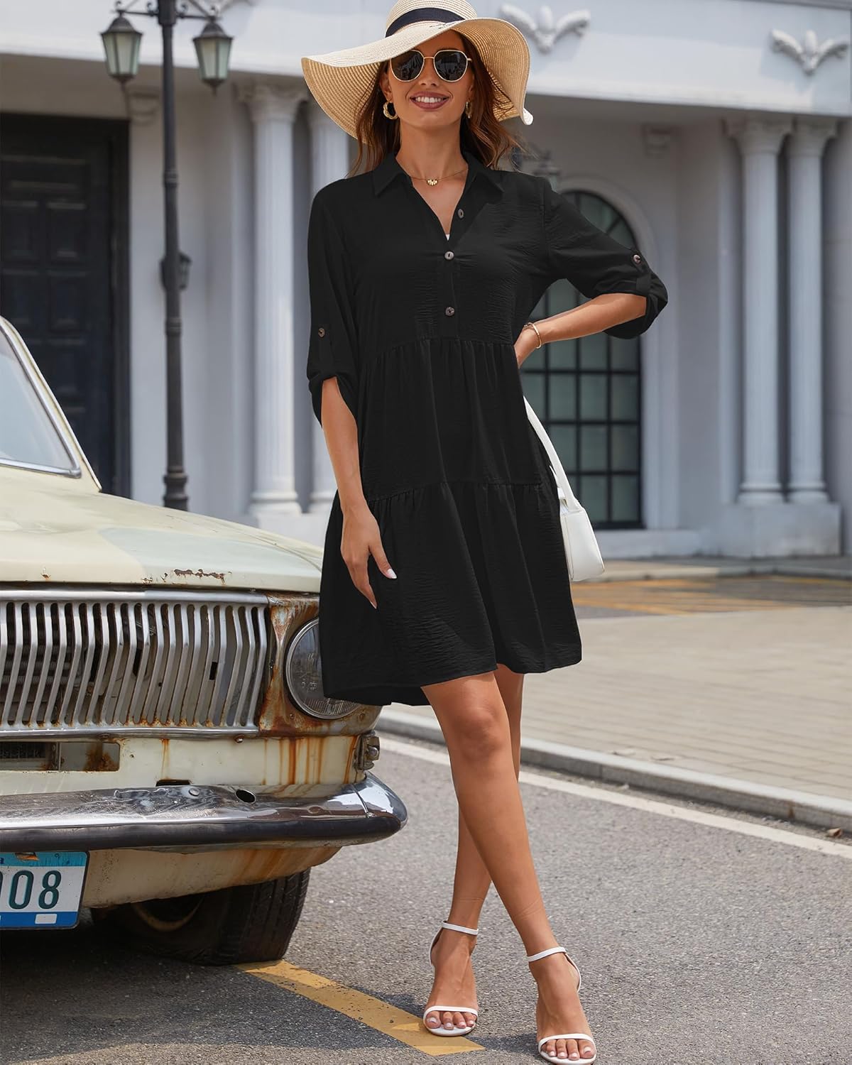 Sophie Damen Hemdblusenkleid – 3/4-Ärmel, Knopfleiste, A-Linien Schnitt, Volants Sommer