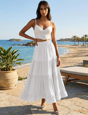 Falda Edith Jupe Maxi para Mujer – Falda Bohemia de Algodón, Encaje de Crochet y Volantes