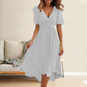 Amélie Damenkleid – Midi-Kleid aus Chiffon mit V-Ausschnitt, kurzen Ärmeln und elegantem Wickeldesign