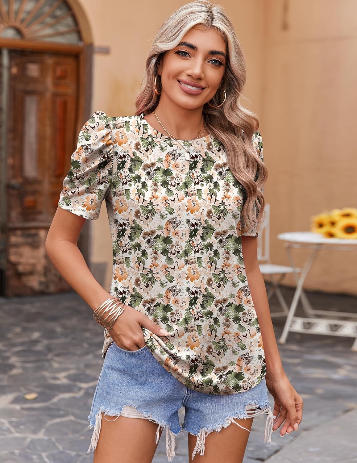 Blusa Rosario Mujer Floral – Top de Mangas Abullonadas Corte Ajustado Elegante Verano