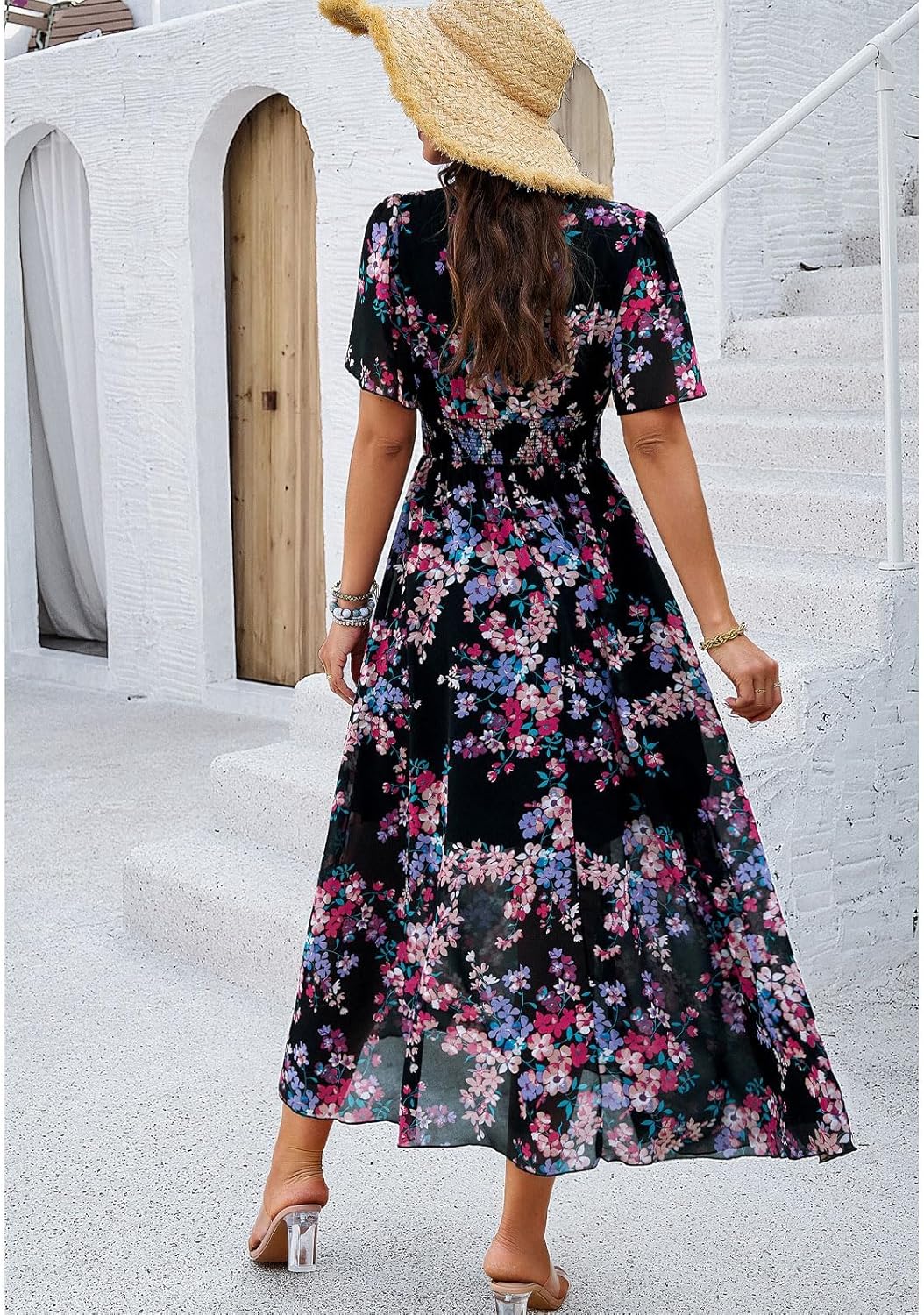Jade Robe Femme Maxi Fleurie – Taille Haute, Col V, Manches Courtes Bohème Été