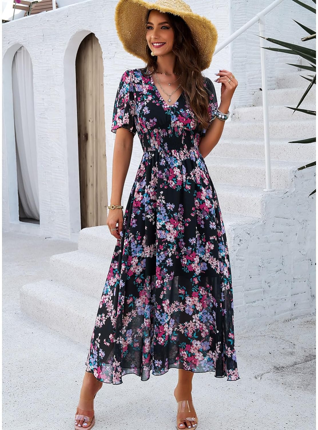 Jade Robe Femme Maxi Fleurie – Taille Haute, Col V, Manches Courtes Bohème Été